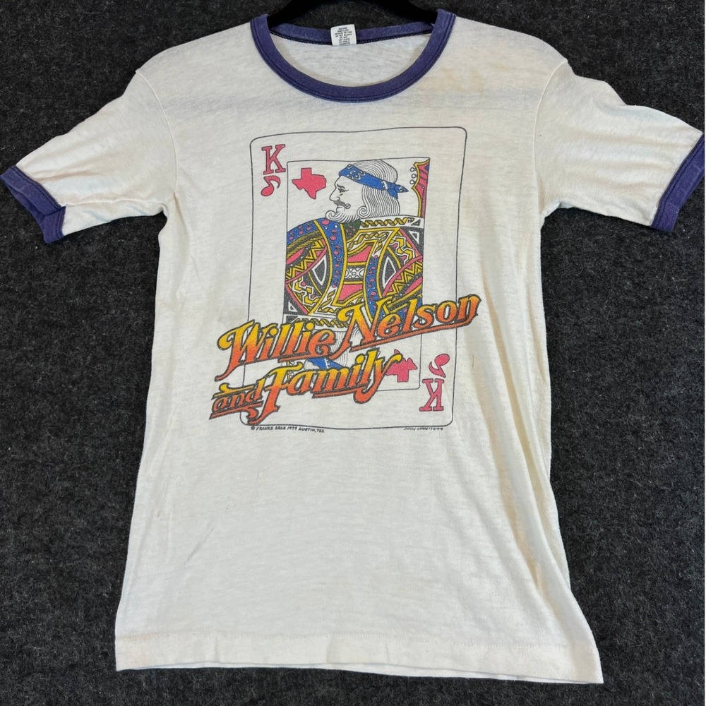 Vintage 70s Willie Nelson & Family Hanes Ringer Shirt Adult S White Austin Texas
